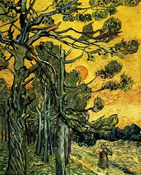 Pins avec un ciel rouge avec coucher de soleil Vincent van Gogh Peinture à l'huile